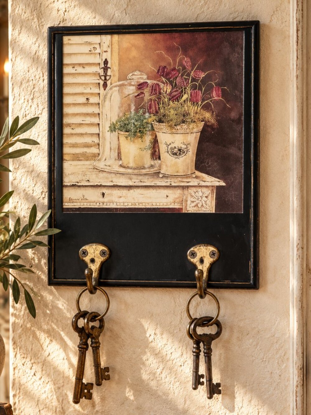 Vintage French Country Key Holder Botanical Wall Art with Aged Brass Hooks